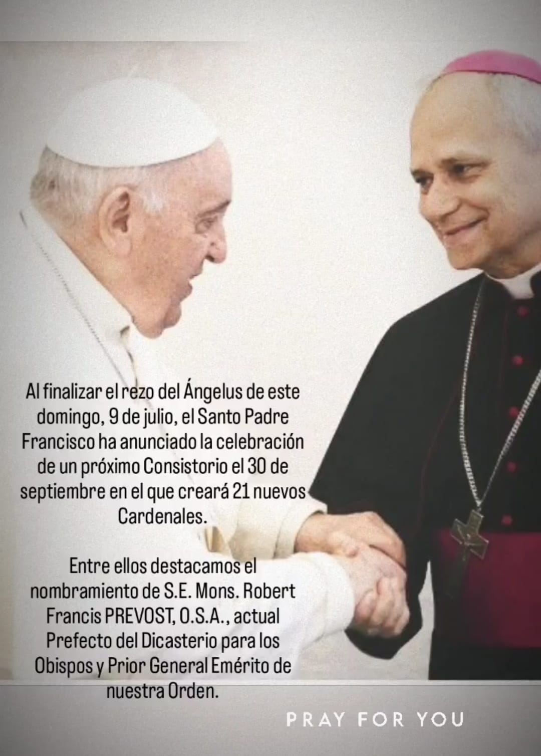 El papa Francisco anunció 21 nuevos cardenales, entre ellos a S.E. Mons. Robert Francis PREVOST, O.S.A.